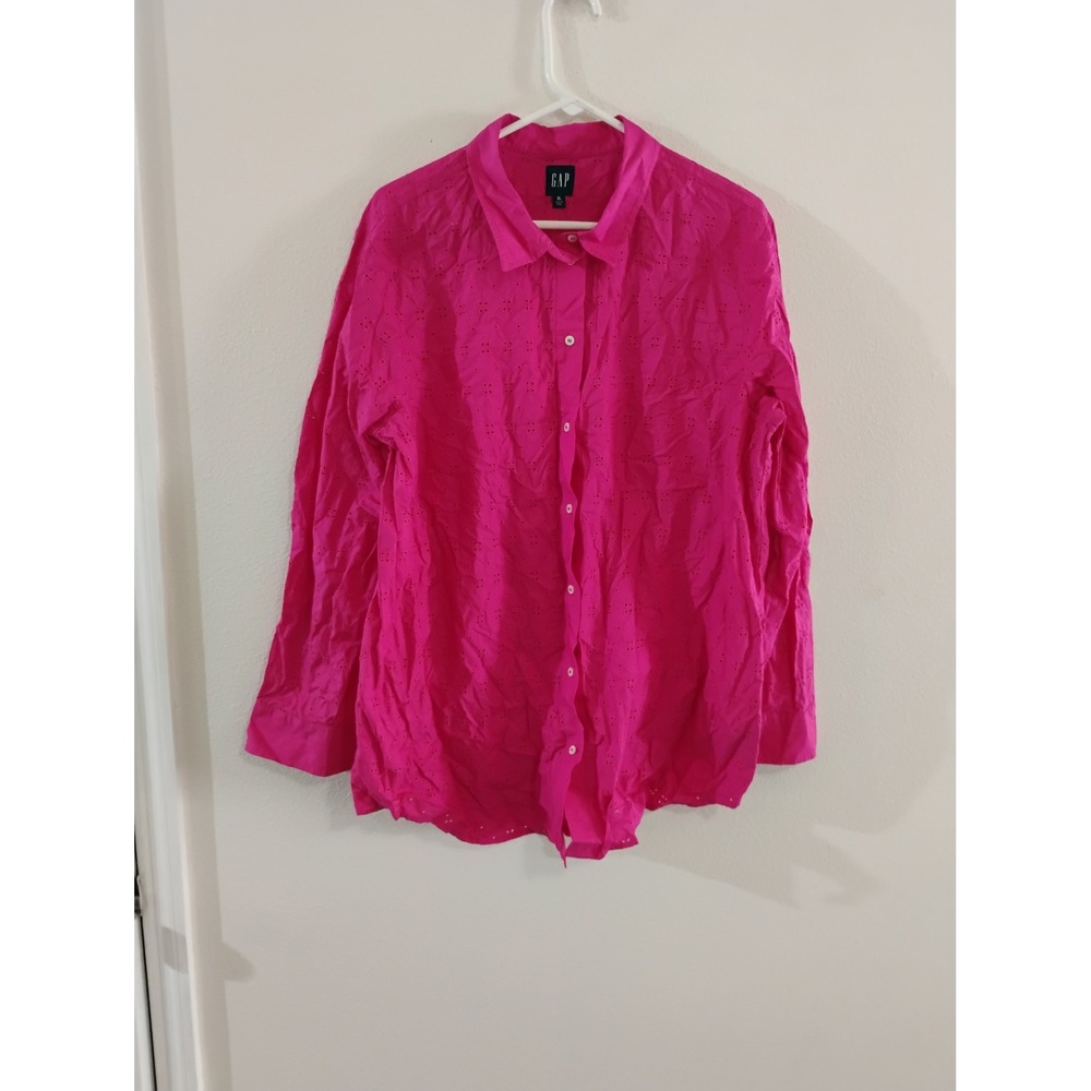 Gap Womens XL Magenta Pink Eyelet Embroidered Long Sleeve Button Down Shirt
